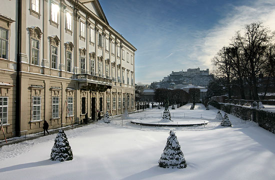 The Schloss Mirabell Palace and gardens in winter